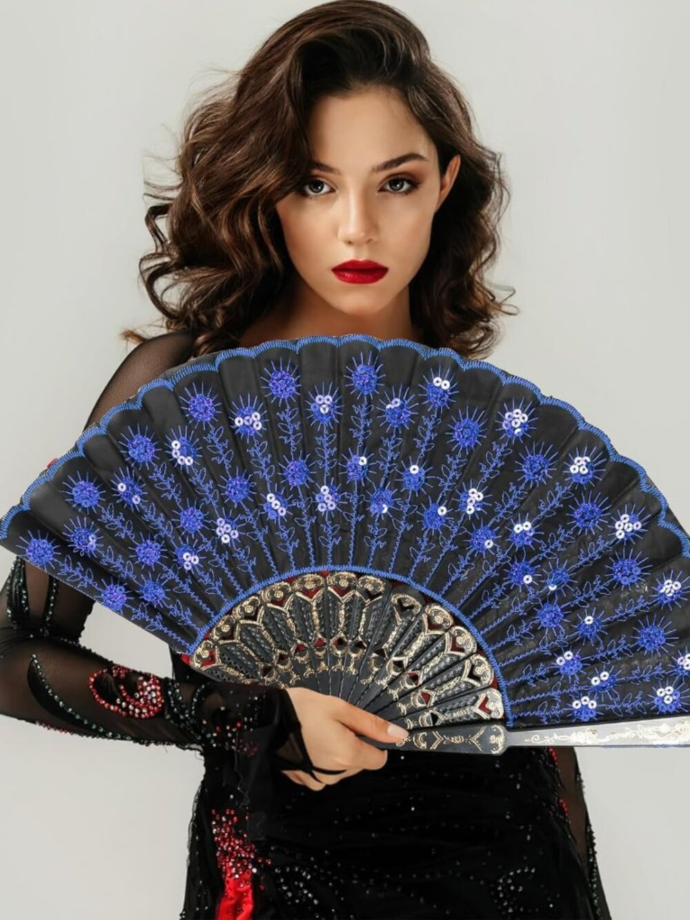 Embroidered Fabric Flower Peacock Pattern Sequin Fabric Folding Handheld
